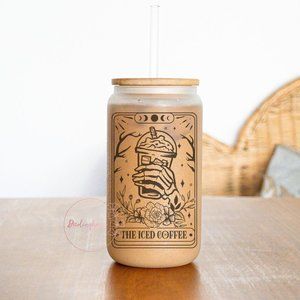 The Iced Coffee Tarot 16 oz Frosted Glass Can with Lid and Straw